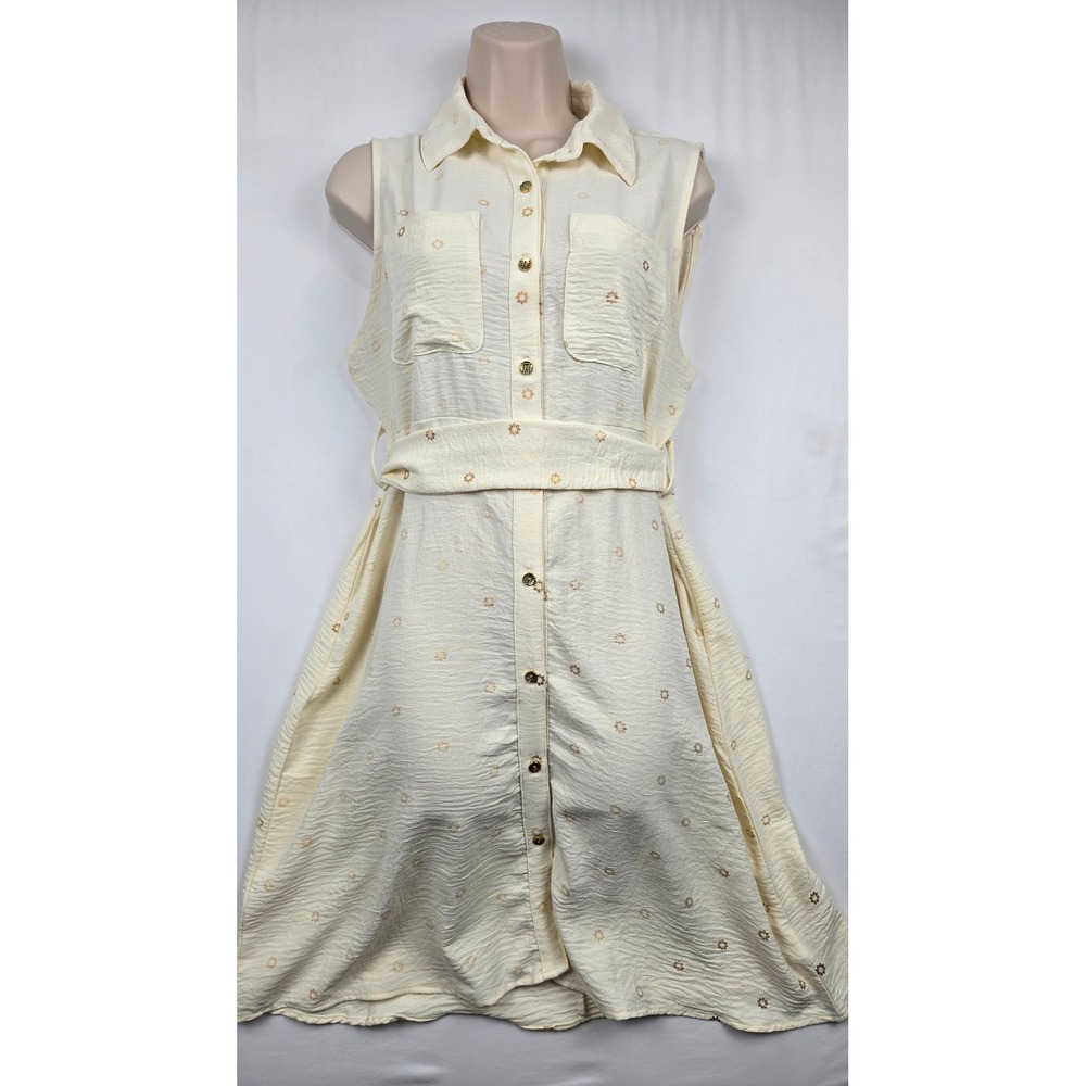 Alex & Parker Womens Medium‎ Shirt Dress Cream Gold Floral Sleeveless Tie Waist